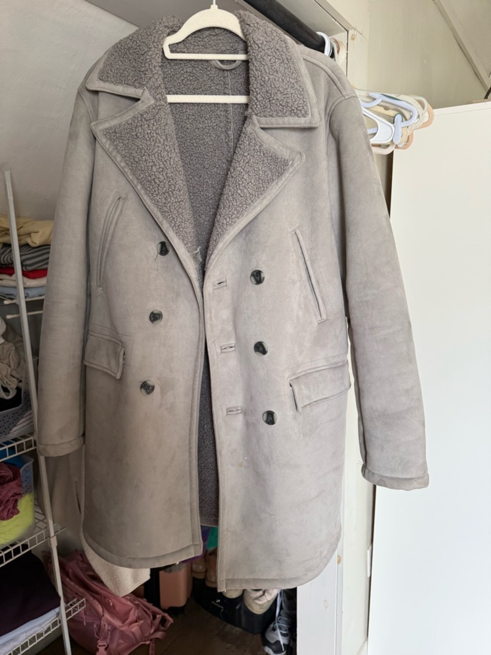 Zara Light Gray Double-Breasted Shearling Pea Coat